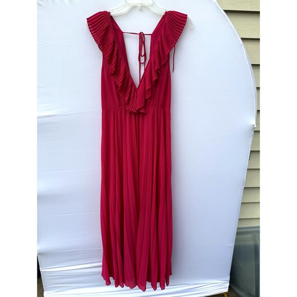 ZARA Fuchsia Pink Deep V-Neck Ruffle Sleeve & Collar Flowing Maxi Dress NWT - Picture 2 of 8